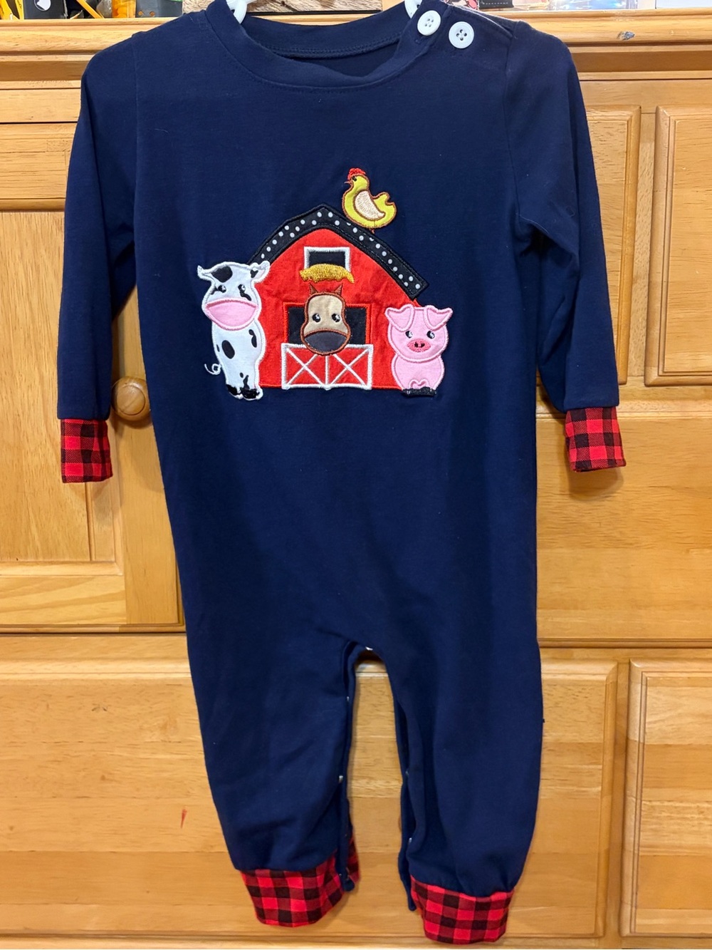 Adorable Boys'/Girls' Blue Long-Sleeve Romper w/Barn & Farm Animals Size 12-18M